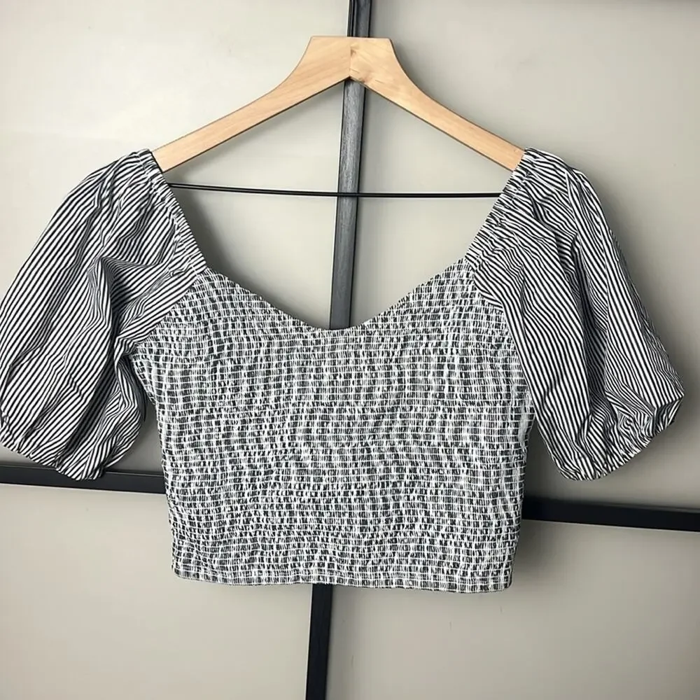 NWT J. Crew Puff-sleeve organic cotton cropped top in stripe Size Small